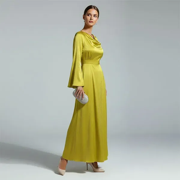 Satin Drape Neck Flowing Long Sleeve Dress