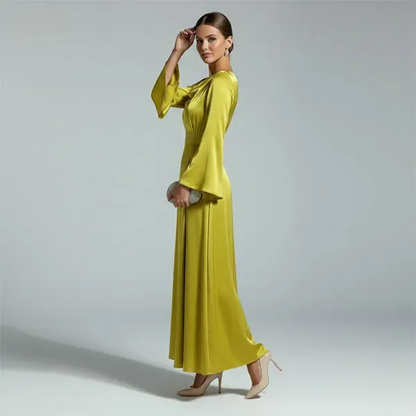Satin Drape Neck Flowing Long Sleeve Dress