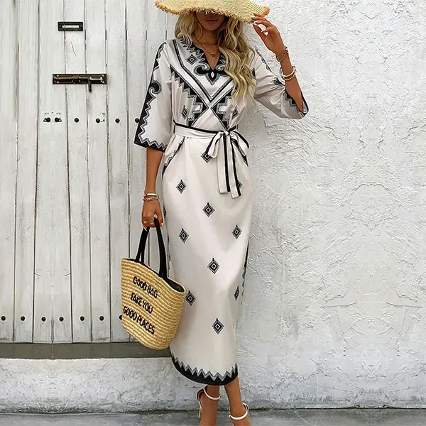 Tribal Floral Notch Neck Tie Waist Maxi Dress