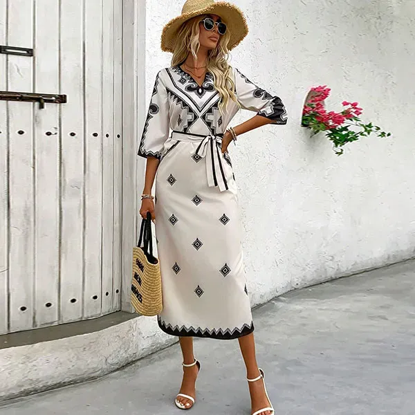 Tribal Floral Notch Neck Tie Waist Maxi Dress