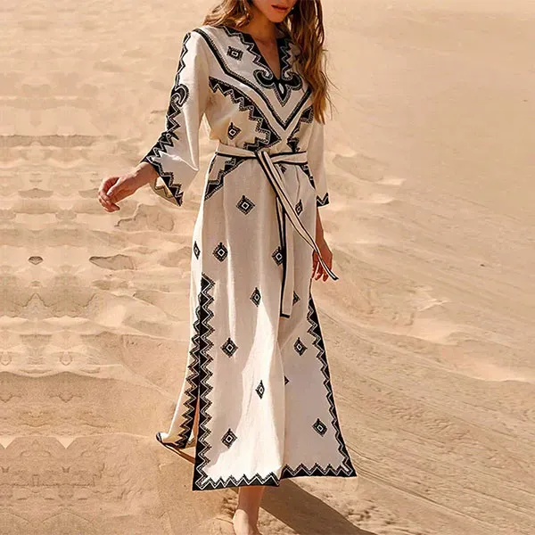 Tribal Floral Notch Neck Tie Waist Maxi Dress