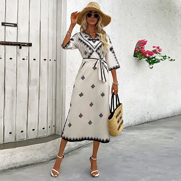 Tribal Floral Notch Neck Tie Waist Maxi Dress