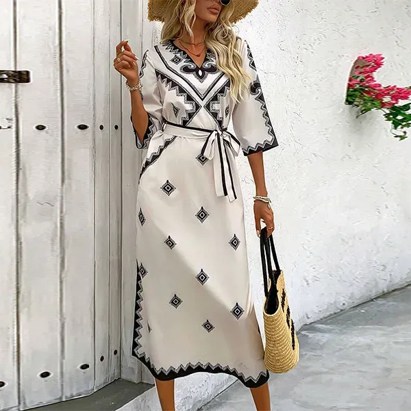 Tribal Floral Notch Neck Tie Waist Maxi Dress