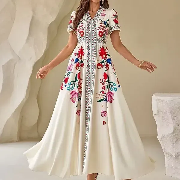 Floral Embroidery V-Neck Maxi Dress