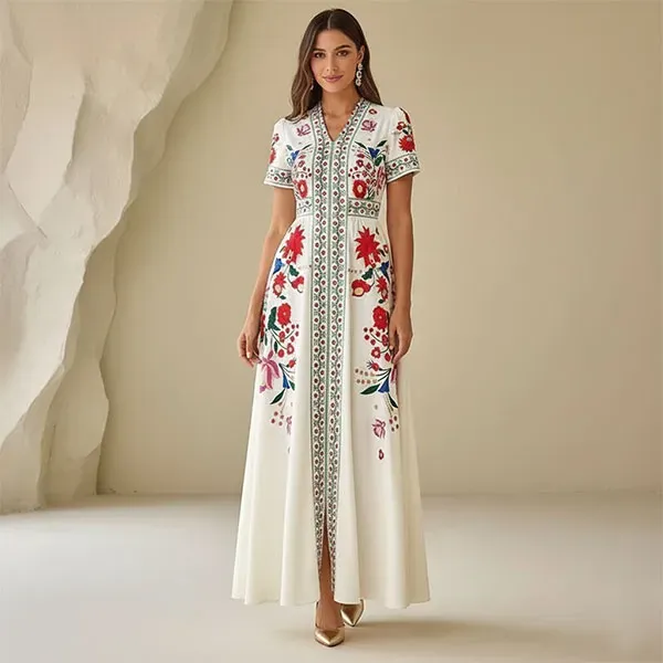 Floral Embroidery V-Neck Maxi Dress