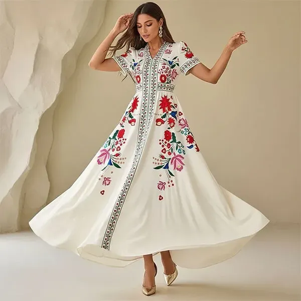 Floral Embroidery V-Neck Maxi Dress
