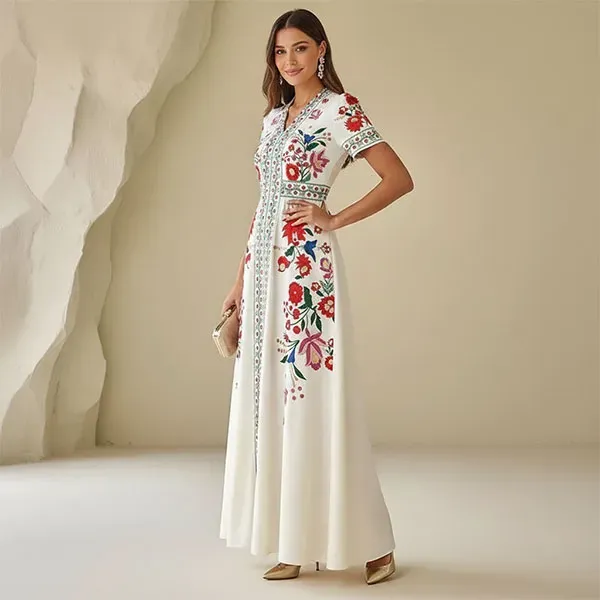 Floral Embroidery V-Neck Maxi Dress