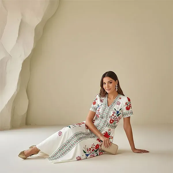 Floral Embroidery V-Neck Maxi Dress