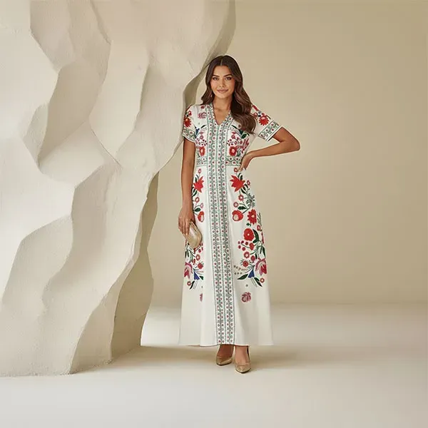 Floral Embroidery V-Neck Maxi Dress