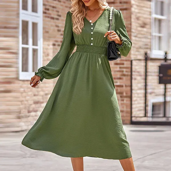 Slim Fit V-Neck Long Sleeve Midi Dress
