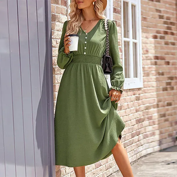 Slim Fit V-Neck Long Sleeve Midi Dress