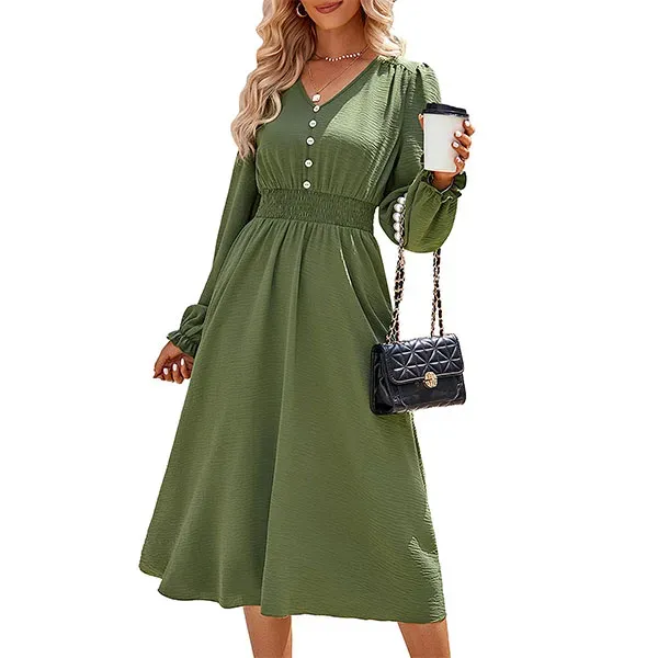 Slim Fit V-Neck Long Sleeve Midi Dress