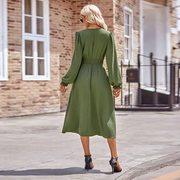 Slim Fit V-Neck Long Sleeve Midi Dress