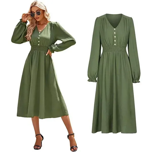 Slim Fit V-Neck Long Sleeve Midi Dress