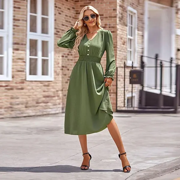 Slim Fit V-Neck Long Sleeve Midi Dress