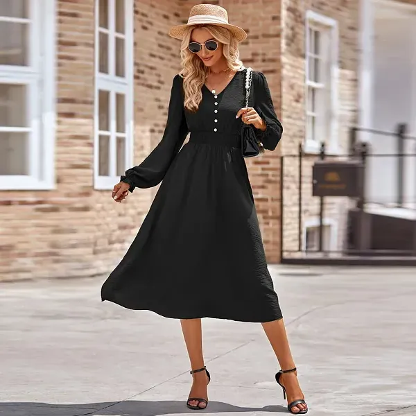 Slim Fit V-Neck Long Sleeve Midi Dress