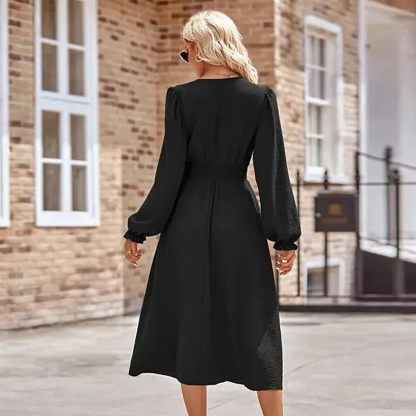 Slim Fit V-Neck Long Sleeve Midi Dress