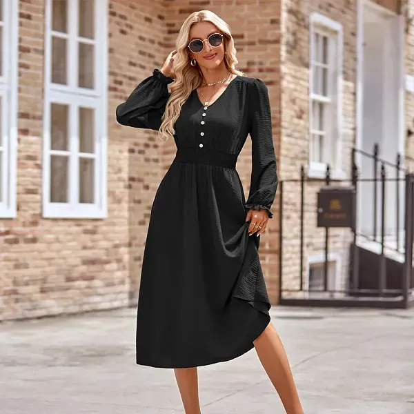 Slim Fit V-Neck Long Sleeve Midi Dress