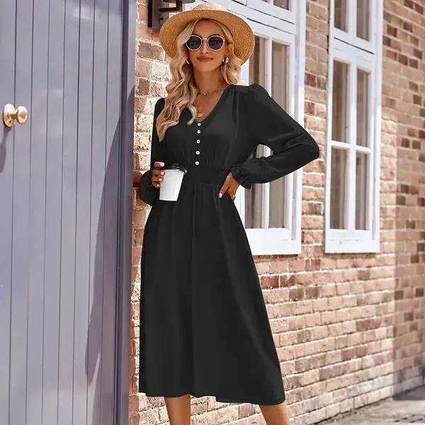 Slim Fit V-Neck Long Sleeve Midi Dress