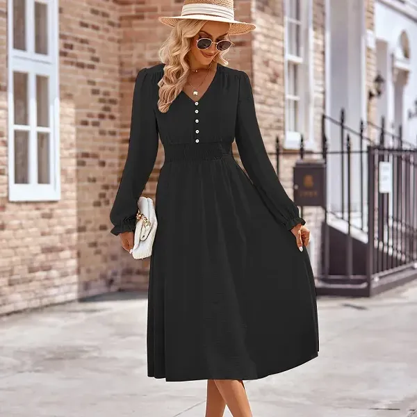 Slim Fit V-Neck Long Sleeve Midi Dress