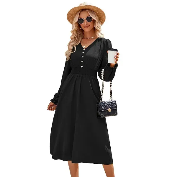 Slim Fit V-Neck Long Sleeve Midi Dress