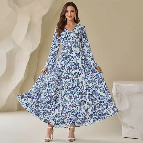 Blue and White Baroque Pattern Maxi Dress