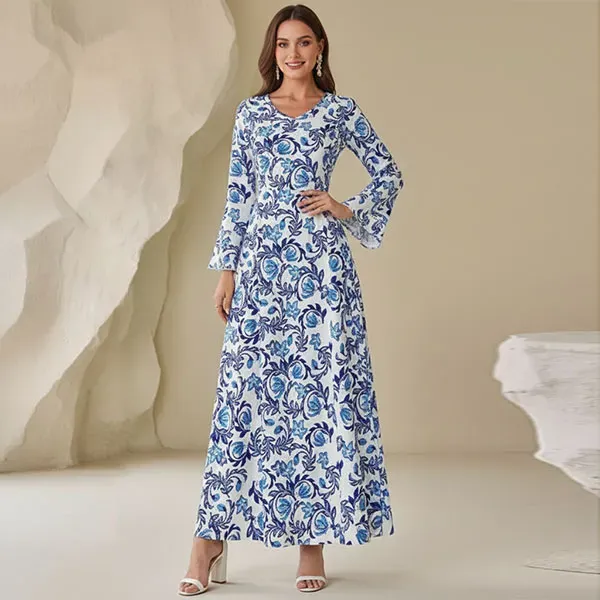 Blue and White Baroque Pattern Maxi Dress