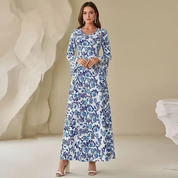 Blue and White Baroque Pattern Maxi Dress