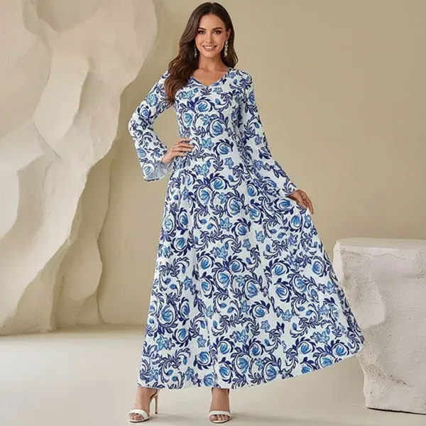 Blue and White Baroque Pattern Maxi Dress