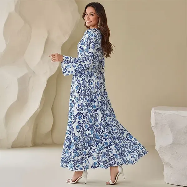 Blue and White Baroque Pattern Maxi Dress