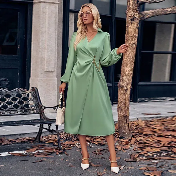 Casual Wrap V-Neck Tie Waist Midi Dress
