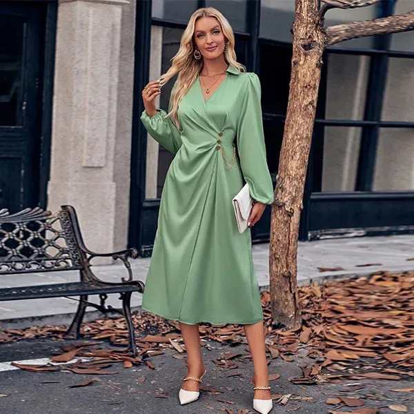 Casual Wrap V-Neck Tie Waist Midi Dress
