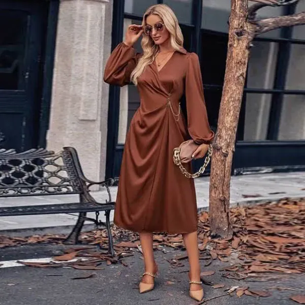 Casual Wrap V-Neck Tie Waist Midi Dress