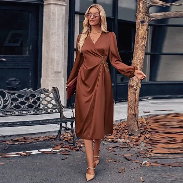 Casual Wrap V-Neck Tie Waist Midi Dress