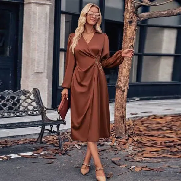 Casual Wrap V-Neck Tie Waist Midi Dress