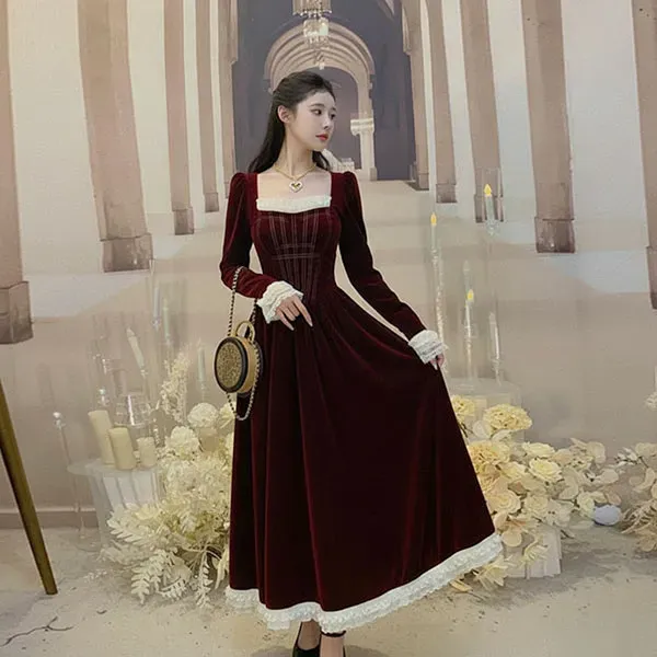 Velvet Lace Square Neck Midi Dress