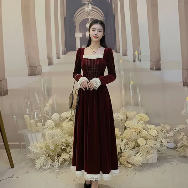 Velvet Lace Square Neck Midi Dress