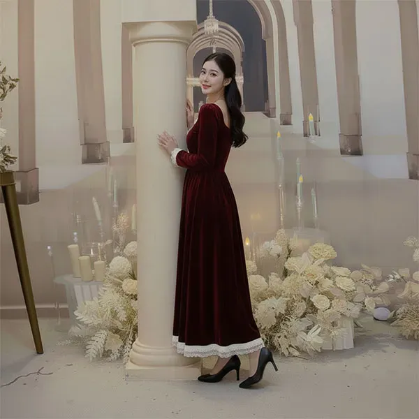 Velvet Lace Square Neck Midi Dress