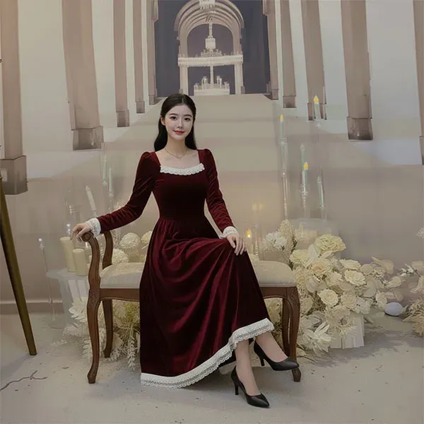 Velvet Lace Square Neck Midi Dress