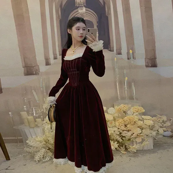 Velvet Lace Square Neck Midi Dress