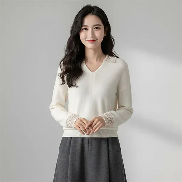Elegant Embroidery Lace Trim Knit Sweater