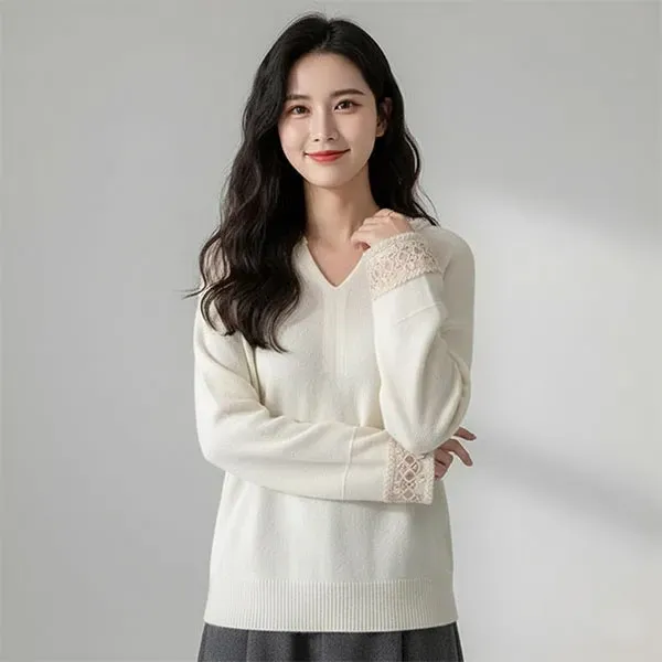 Elegant Embroidery Lace Trim Knit Sweater