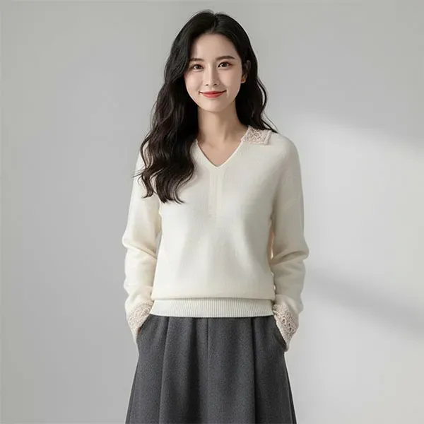 Elegant Embroidery Lace Trim Knit Sweater