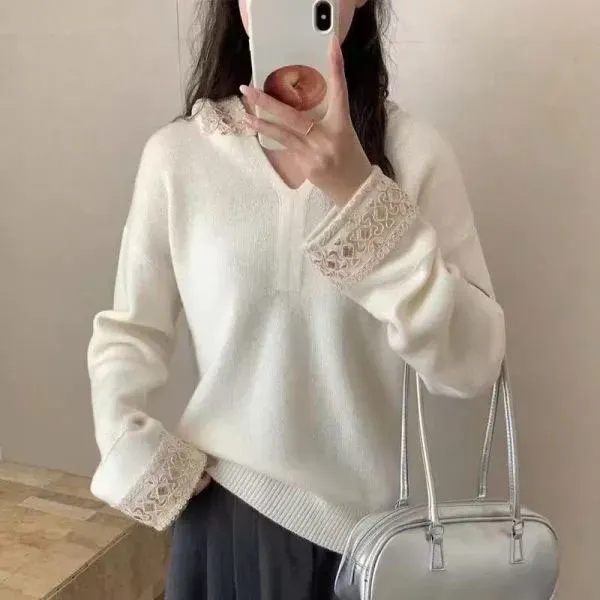 Elegant Embroidery Lace Trim Knit Sweater