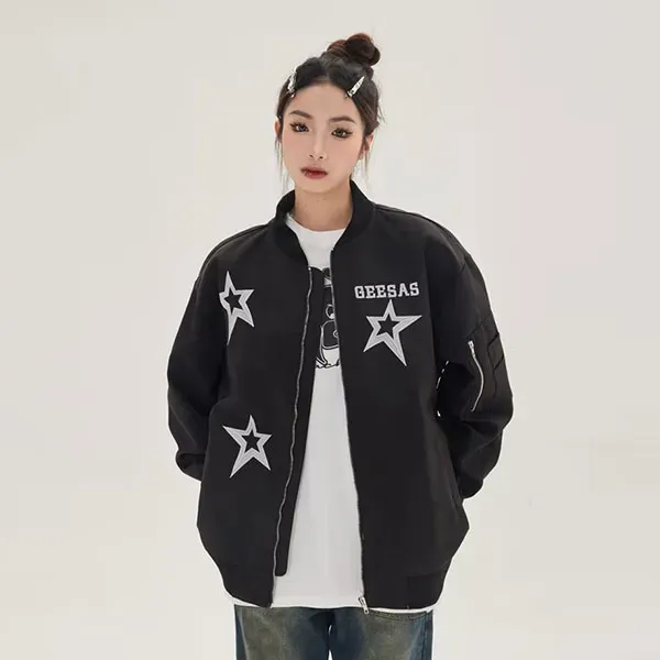 Star Print Zip-Up Bomber Jacket