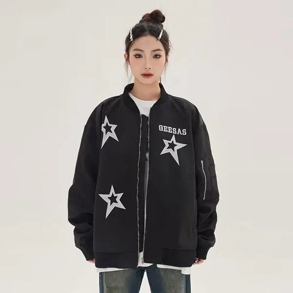 Star Print Zip-Up Bomber Jacket