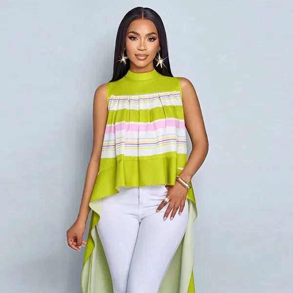 Striped Mock Neck High-Low Sleeveless Top