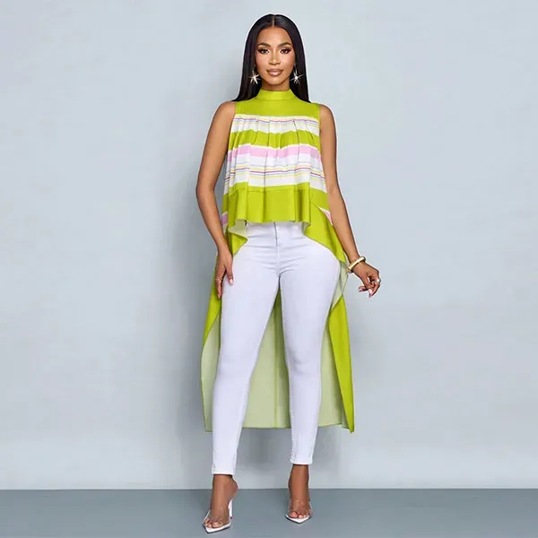 Striped Mock Neck High-Low Sleeveless Top