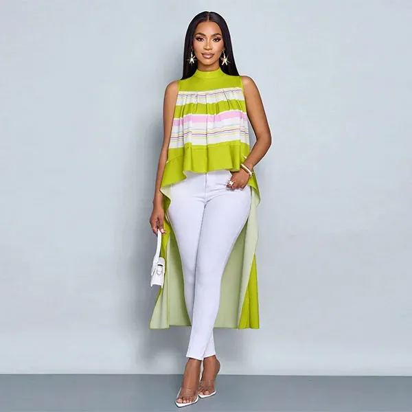Striped Mock Neck High-Low Sleeveless Top