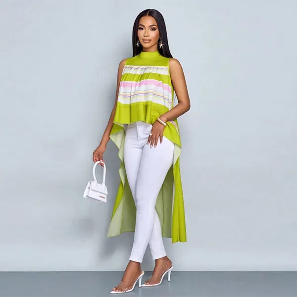 Striped Mock Neck High-Low Sleeveless Top